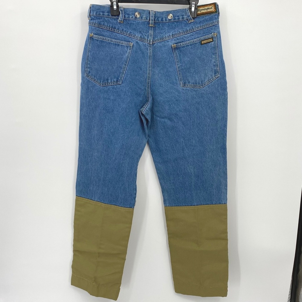 VINTAGE Remington Mens XL Blue Denim Olive Green Brush Guard Hunting Pants Jeans - Picture 3 of 9